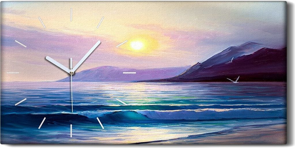 Wohnzimmer-Bild Leinwand Uhr Geräuschlos 60x30 Morgens auf See Wellen Malerei - weiße Hände