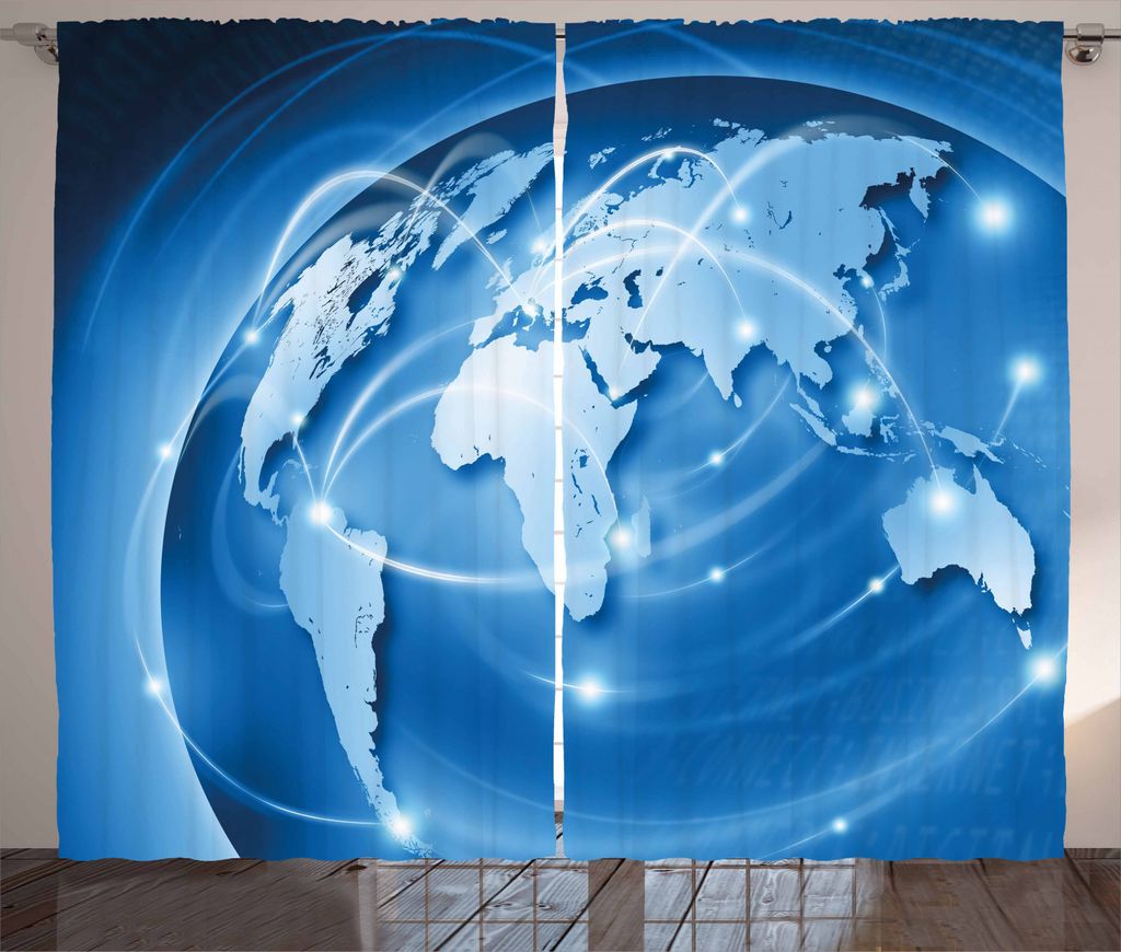 ABAKUHAUS Welt Rustikaler Vorhang, Global Commerce-Netzwerk, Wohnzimmer Universalband Gardinen mit Schlaufen und Haken, 280 x 245 cm, Blau Hellblau...