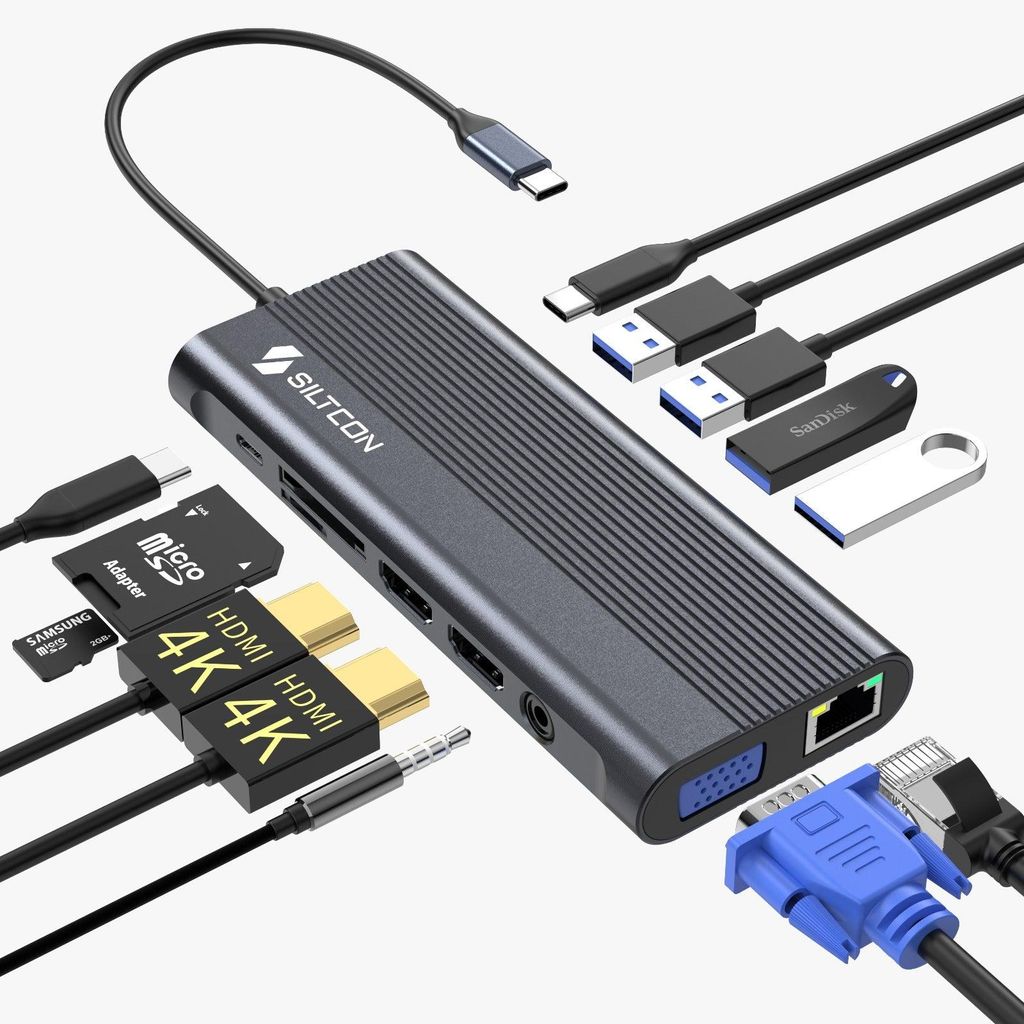 Siltcon® 14-in-1 USB-C Dockingstation – 2x HDMI 4K, VGA und Produktbild 