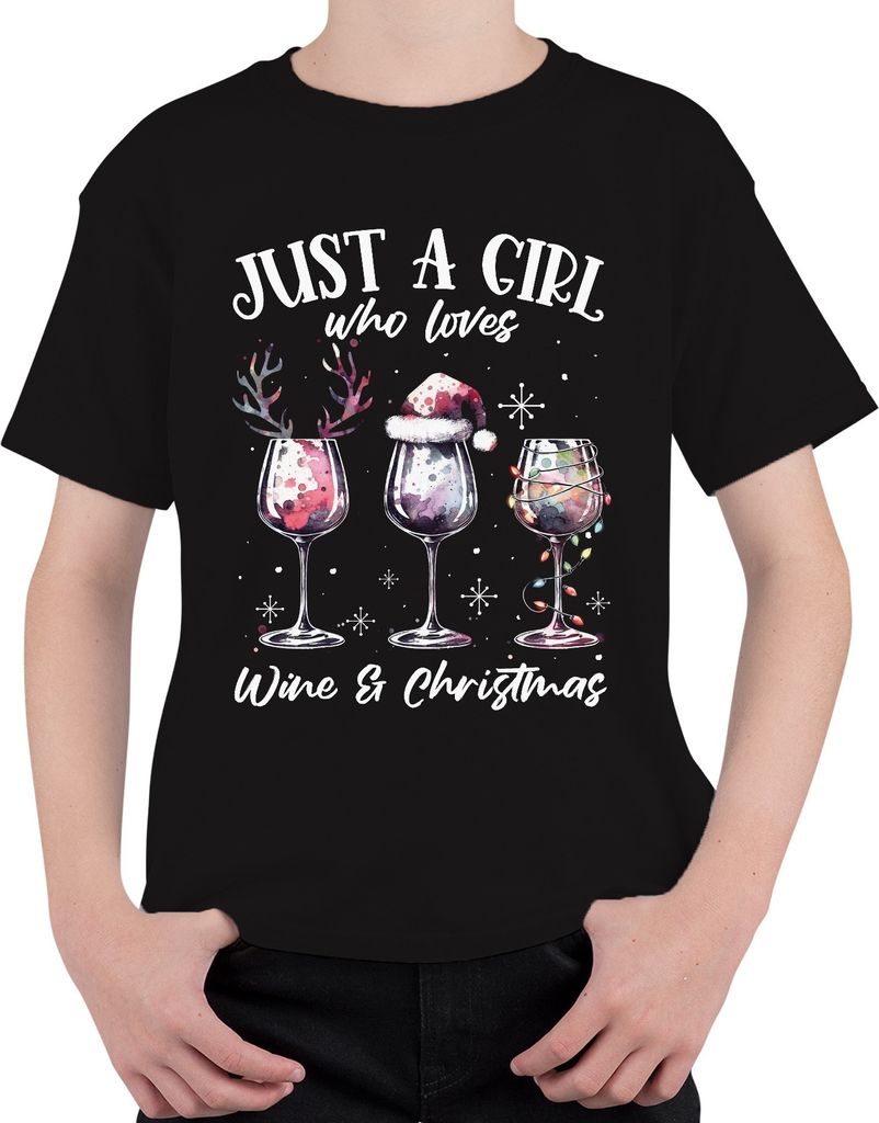 Just a girl who loves wine and christmas Weintrinker - Weihnachten Weihnachtsgeschenk Uni Kinder T-Shirt, Schwarz, 104