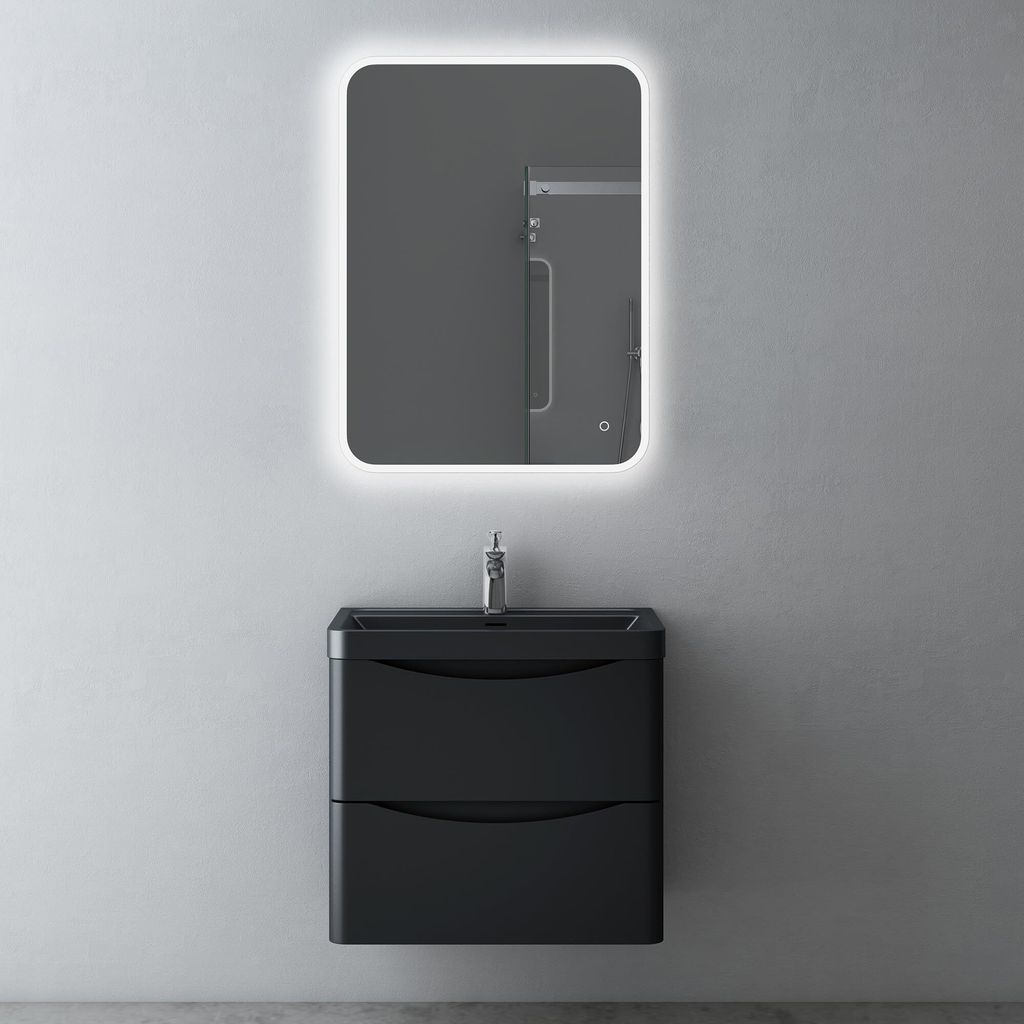 Mai & Mai Badezimmermöbel Waschbeckenunterschrank mit Softclose Schubladen inkl. Waschbecken LED-Badspiegel 60cm in Matt Schwarz Badmöbel-Set Smile