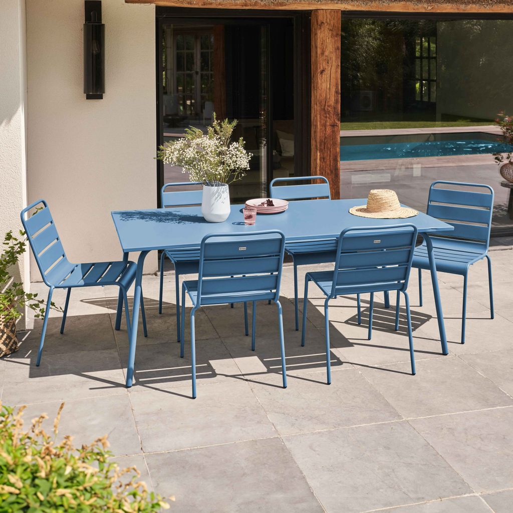Gartentisch und 6 Metallstühle Blau - Oviala Palavas