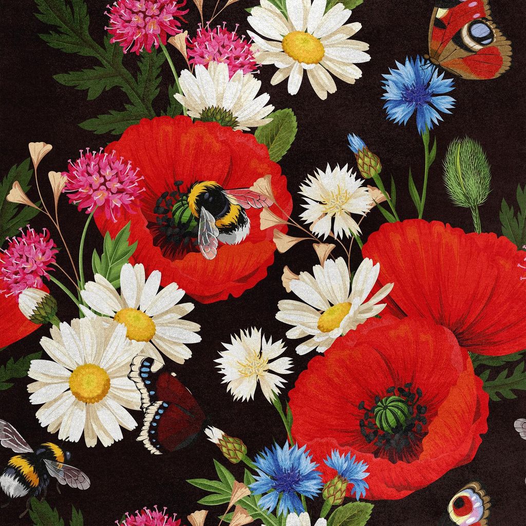 Royal Samt Stoff Polyester Zum Nähen - Motiv Blumenwiese