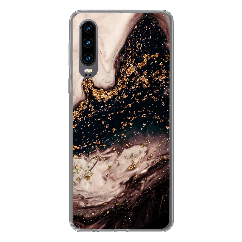 MuchoWow Handyhülle Schutzhülle Hülle für Huawei P30 Naturstein - Gold - Schwarz Silikon Softcase Handy Hülle - Kartenbesitzer