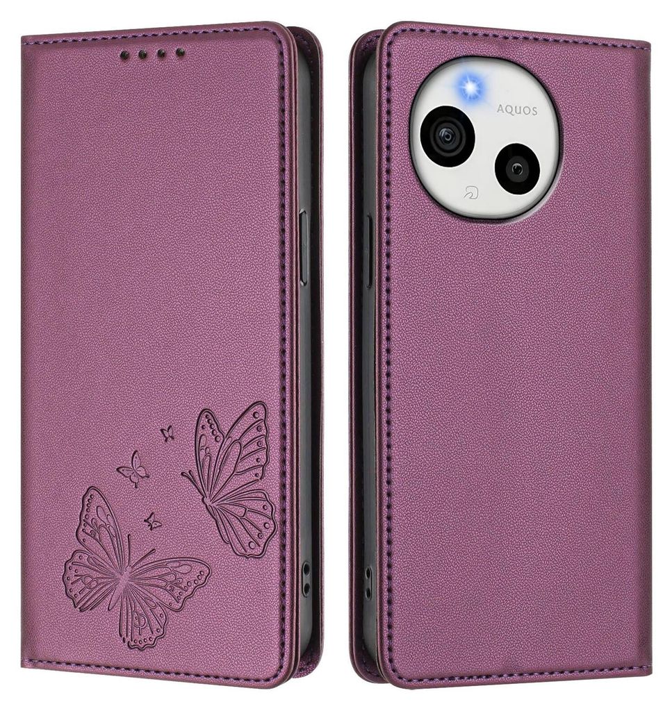 Lederhülle für Sharp Aquos Sense9 Plus, Schmetterling Prägung Leder Brieftasche Schutzhülle mit Ständer Lila