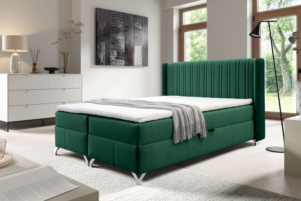 Boxspringbett MADDIE 160x200 cm, Flaschengr n, mit Bettkasten Bett mit Topper und Bonellmatratze Polsterbett Familienbett Schlafzimmer Bett mit Sta...