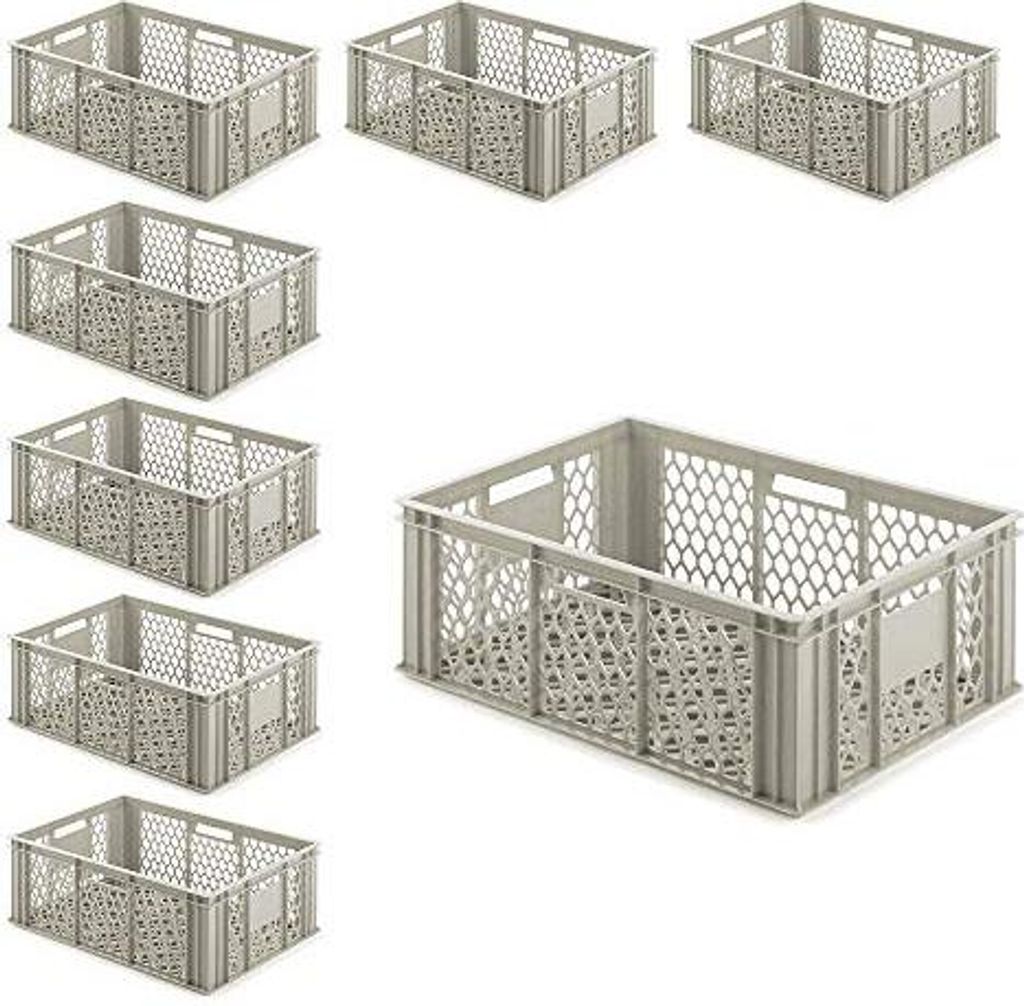 8x Eurobehälter 'Basic' durchbrochen, 600x400x220 mm, 42,5 Liter, 4 Durchfassgriffe, PE-HD, kieselgrau