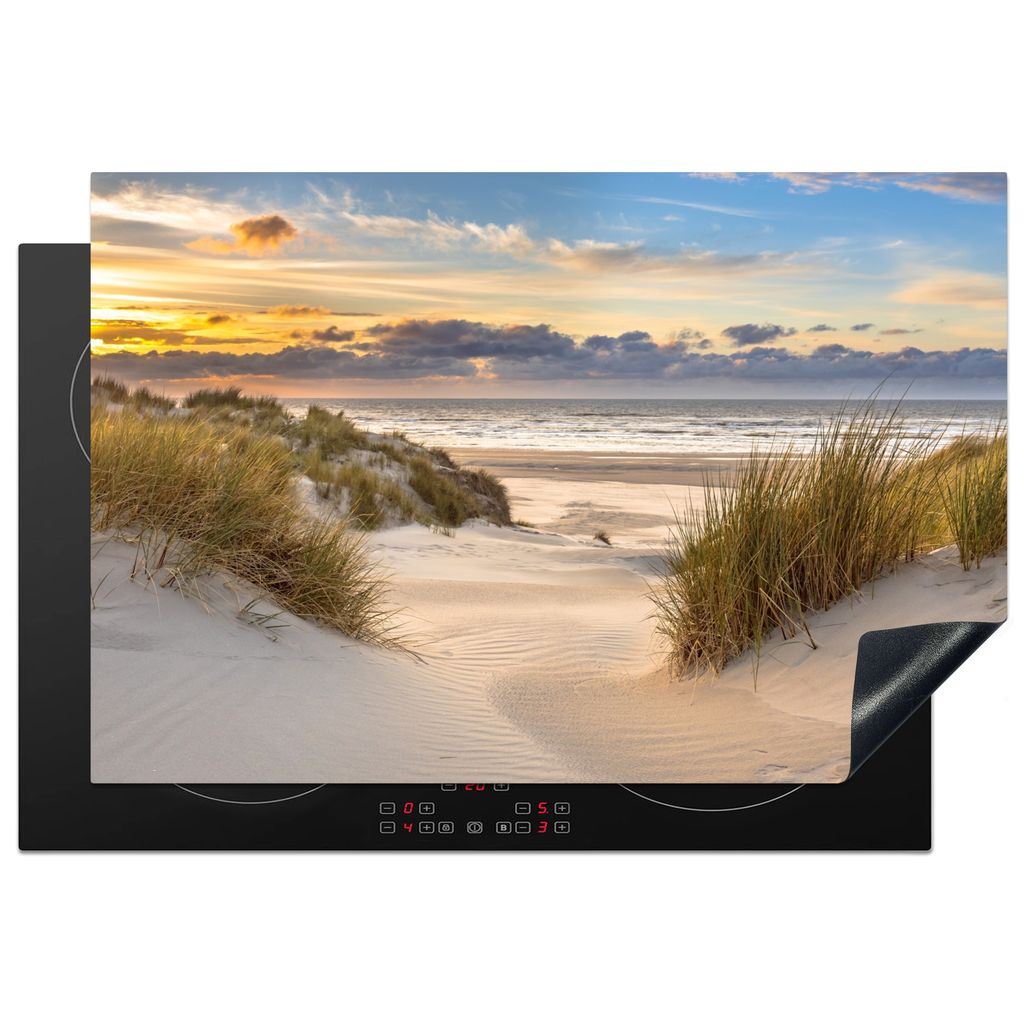 KitchenYeah Herdabdeckplatte Strand - Düne - Gras - Sonnenuntergang - Meer , 76x51cm, Küche Deko, Glaskeramikkochfeld Herdabdeckung, Abdeckplat...