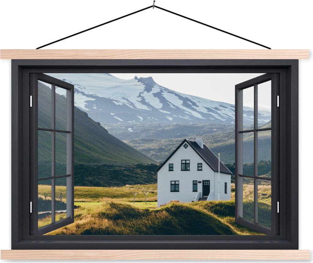MuchoWow Textilposter Aussicht - Haus - Berg 60x40 cm mit holzfarbenen Rahmen - Bilder