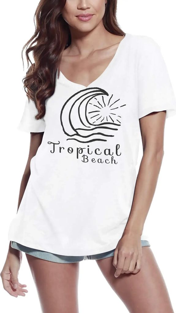 Damen Grafik T-Shirt V-Ausschnitt Tropischer Strand Sonne – Tropical Beach Sun – Öko-Verantwortlich Vintage Jahrgang Kurzarm Lustige Druck Geb...