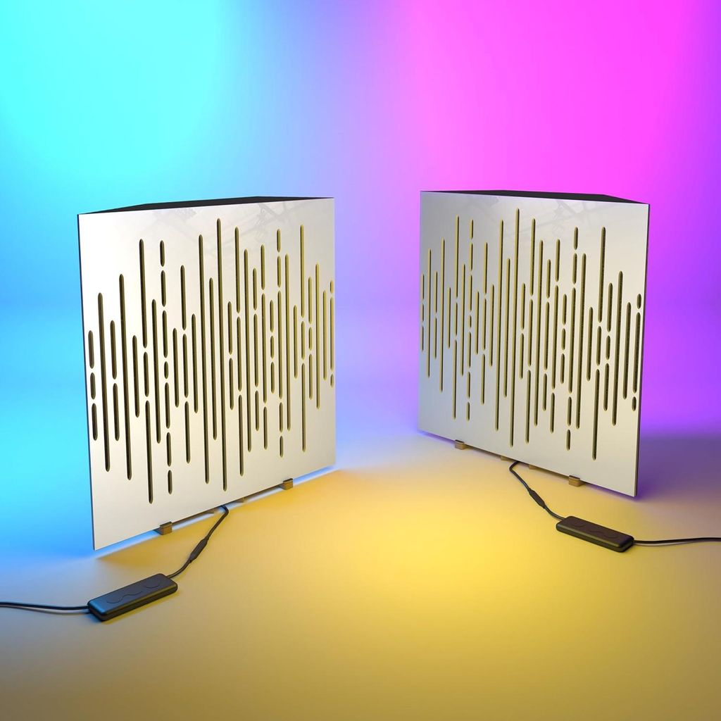 2er-Pack Akustik-Bassfalle "WAVE" mit RGB-Schreibtischlampe | Mobiler Ständer mit LED-Tischfuß|Für Podcast-Studios |50x50x15cm|Weißer Kunststoff