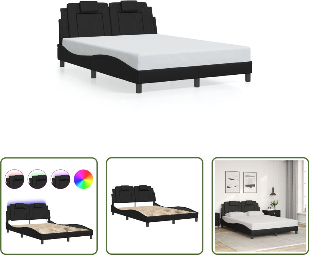 The Living Store Bettgestell mit LED Schwarz 140x200 cm Kunstleder