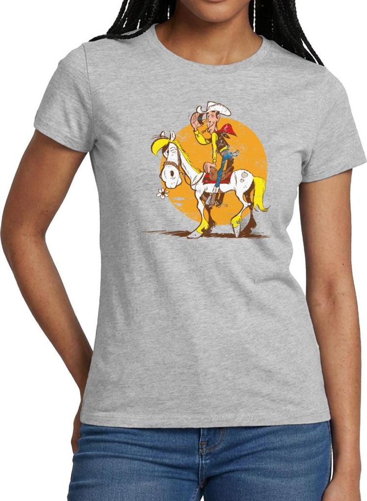 Spreadshirt Lucky Luke Jolly Jumper im Sonnenuntergang Frauen T-Shirt, XL, Grau meliert