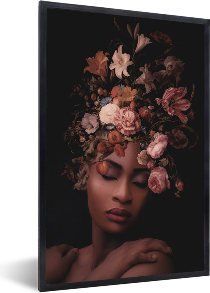 MuchoWow MuchoWow Gerahmtes Poster Frauen - Blumen - Schwarz 20x30 cm - Poster mit zchwarzem Bilderrahmen - Drucken - Bilder Poster im Rahmen