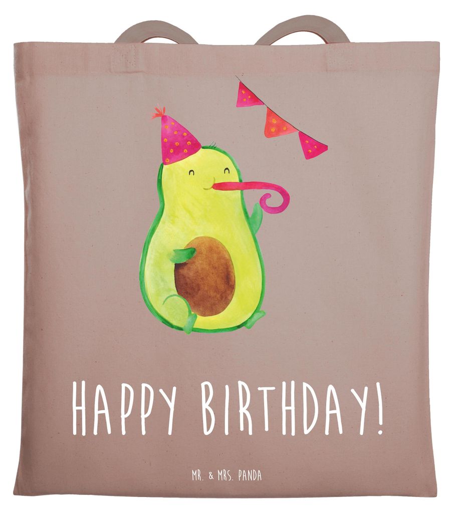 Mr. & Mrs. Panda Tote Bag Avocado Geburtstag - Braun Pastell - Geschenk, Happy Birthday, Büchertasche, Frucht, Uni Tasche, Alles Gute, Laptoptasch...