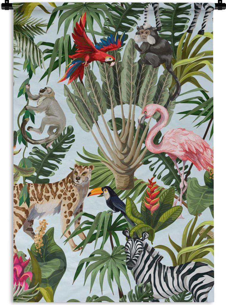 MuchoWow Wandteppich Wandbehang Dschungel - Tiere - Mädchen - Kinder - Jungen - Flamingo - Papagei 90x135 cm Tapisserie Dekoration Wandtuch - Ba...