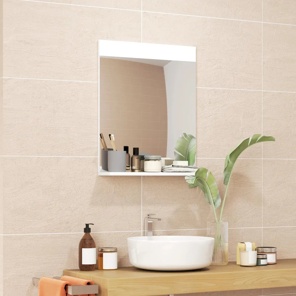 Miroir mural rectangulaire avec étagère 50x12x60 cm blanc style moderne
