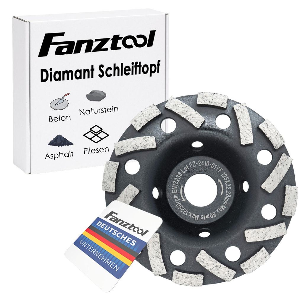 FANZTOOL Diamant-Schleiftopf Abrasiv 125 mm x 22,2 mm, für Estrich, Asphalt, Putz, Turbo-Staubsaugung-Effekt
