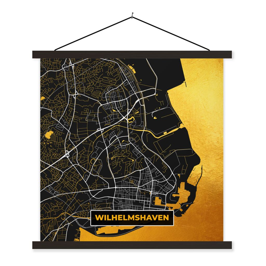 MuchoWow Textilposter Wilhelmshaven - Stadtplan - Gold - Deutschland - Karte 40x40 cm mit schwarzem Rahmen - Fotos
