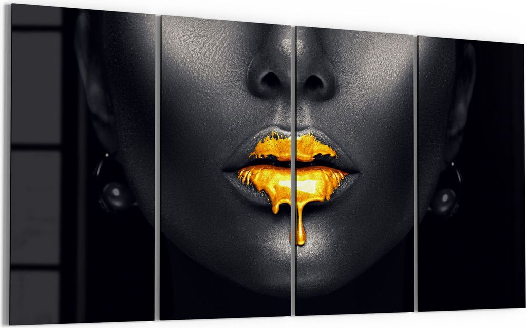 DEQORI Glasbild Echtglas 4x30x60 cm 'Goldbedeckte Lippen' Wandbilder XXL groß