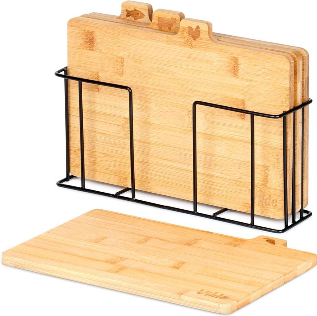 4x taglieri da cucina in legno di bambù in un supporto Immagine del prodotto 