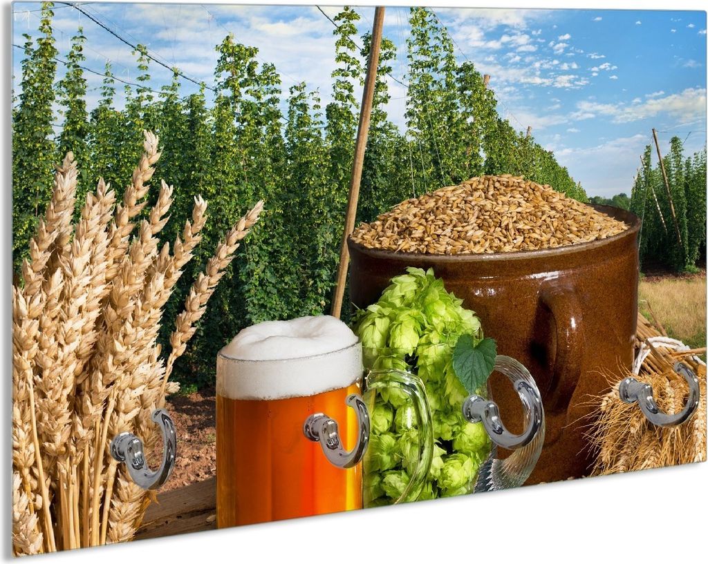 Wallario Schlüsselbrett aus Glas, Motiv: Frisch gezapftes Bier, Hopfen und Malz, 30 x 20 cm mit 4 Haken