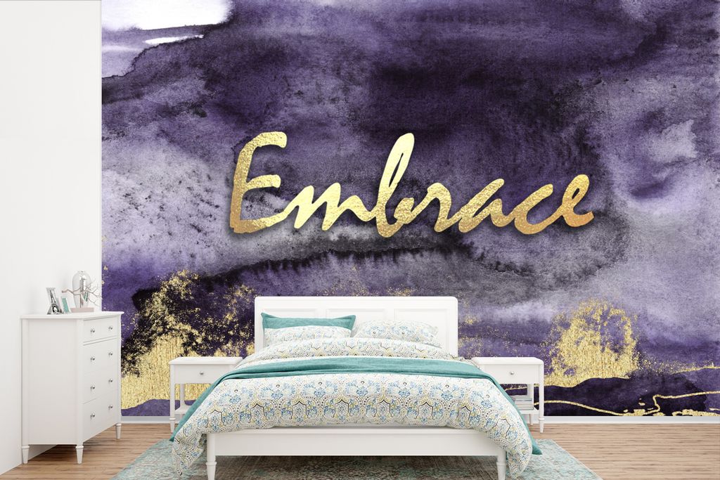 MuchoWow Fototapete für Wohnzimmer oder Schlafzimmer Wandtapete Vinyl Motivtapete Zitat - Stofftier - Lila - Gold - 330x220 cm - Fototapeten