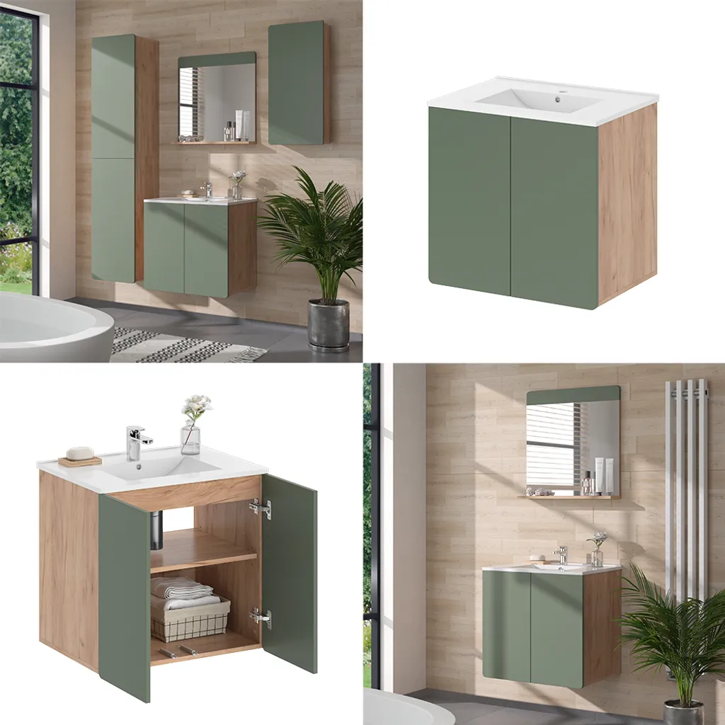 Meuble sous vasque Izan Vicco bicolore Vert et Chêne pour salle de bain chic - 7
