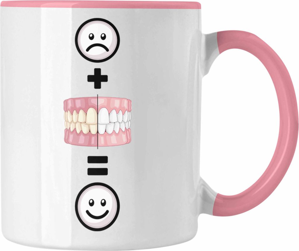 Trendation - Zahnazt Tasse Geschenk für Zahnärztin Zahnmedizinische Fachangestellte Lustige Geschenkidee :( + Weiße Zähne = :) (Rosa)