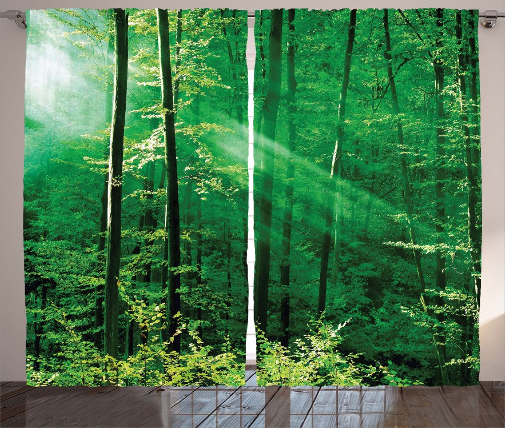 ABAKUHAUS Bauernhaus Rustikaler Gardine, Waldbäume Morgen, Schlafzimmer Kräuselband Vorhang mit Schlaufen und Haken, 280 x 225 cm, Grün Weiß