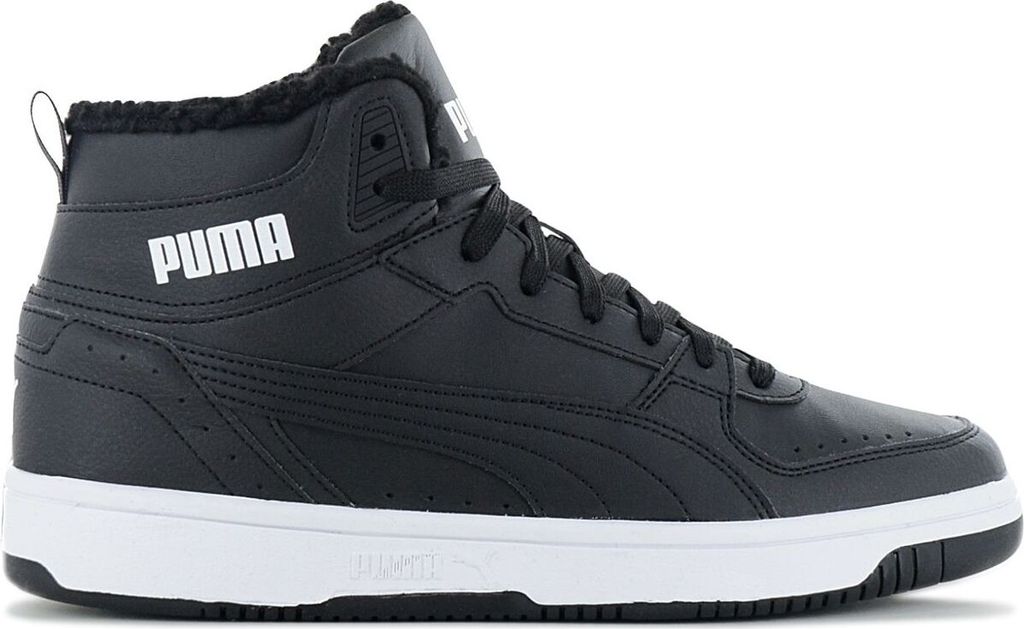 A black Puma winter boot with a white sole.