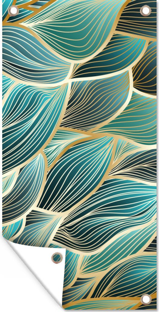 MuchoWow 30x60 cm Outdoor-Poster Gartendeko Sichtschutz Garten Poster für den Garten Goldene Wellen auf blauem Hintergrund