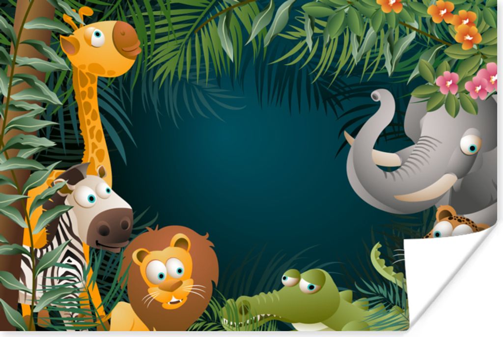 MuchoWow Poster Farben - Dschungeltiere - Blätter - Mädchen - Jungen - Kinder 30x20 cm - Plakate - Print