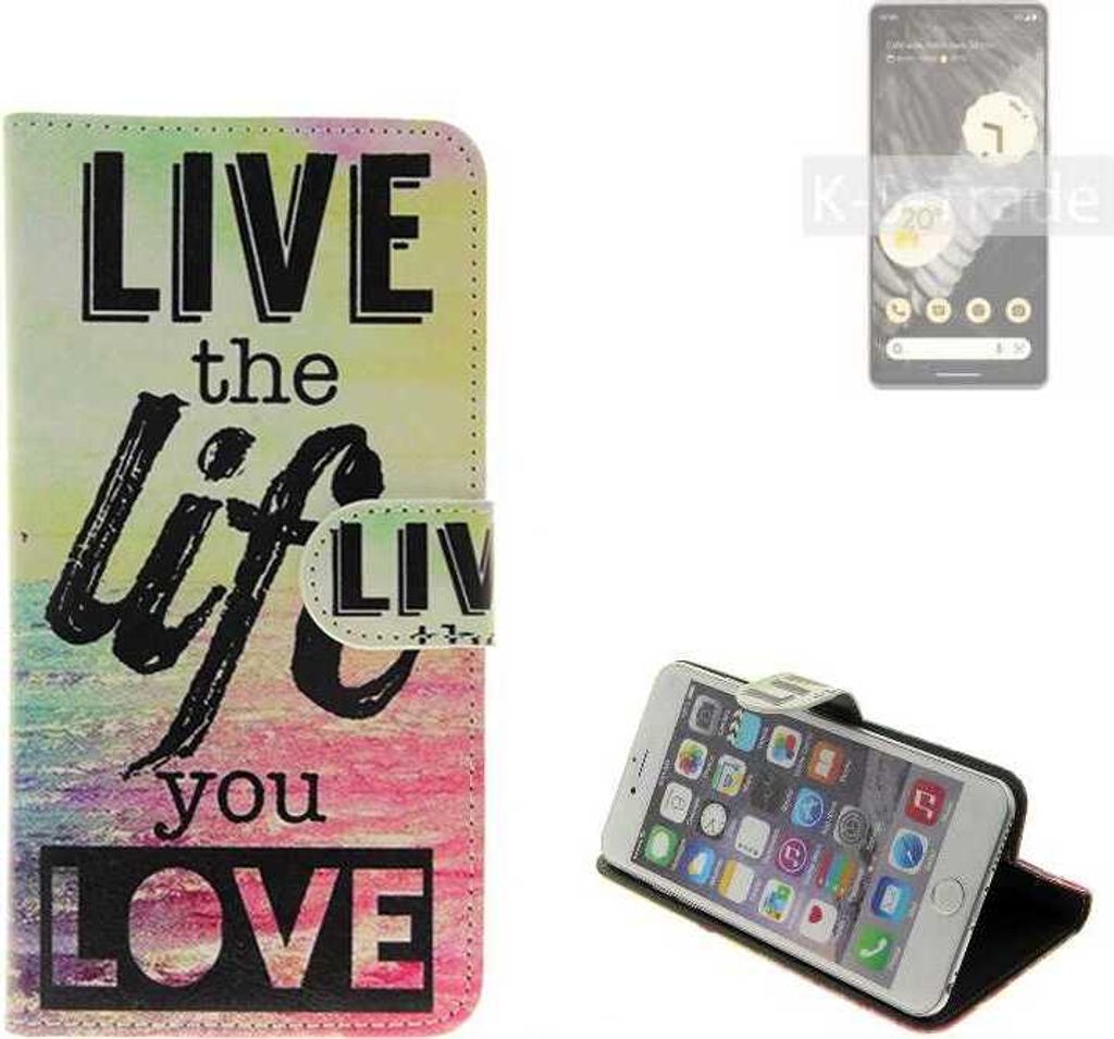 K-S-Trade Schutzhülle Handyhülle kompatibel mit Google Pixel 7 Pro 360° Wallet Case ''live life love'' Klapphülle Tasche Etui Smartphone Flip