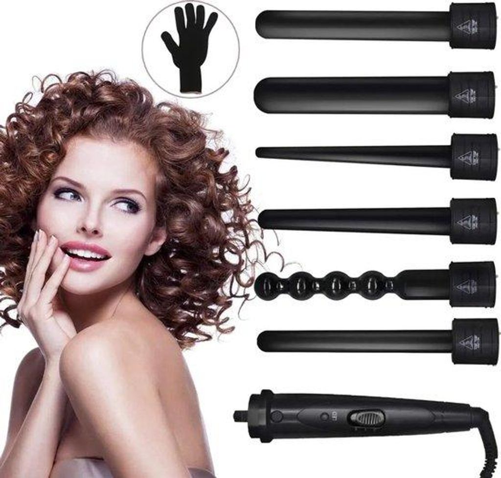 6-in-1 Haarkrümmel, schwarze Haarkrümmelset, 6 wechselbare Aufsätze, 2 Temperaturstufen, multifunktionale Haarkrümmel für das Stylen deines Ha...