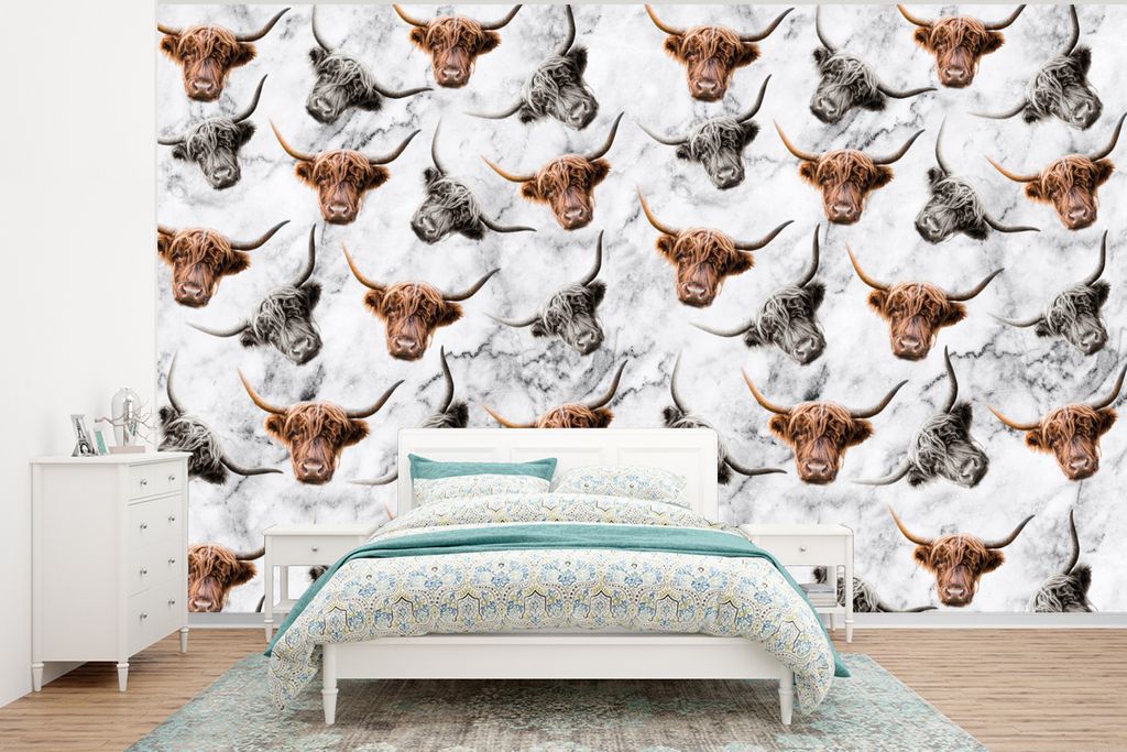 MuchoWow Fototapete für Wohnzimmer oder Schlafzimmer Wandtapete Vinyl Motivtapete Schottischer Highlander - Marmor - Tiere - 320x240 cm - Tapeten
