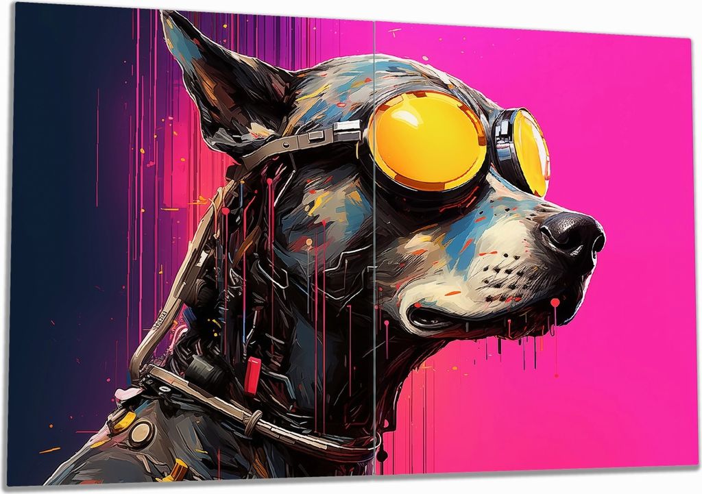Wallario Herdabdeckplatte aus Glas, Größe 80 x 52 cm 2-teilig, Motiv Cyberpunk-Hund mit Brille