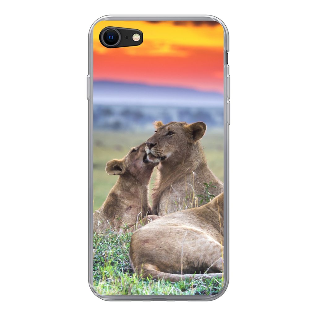 MuchoWow Handyhülle Schutzhülle Hülle für iPhone SE 2022 Löwen bei Sonnenaufgang Silikon Softcase Handy Hülle - Schutzhülle