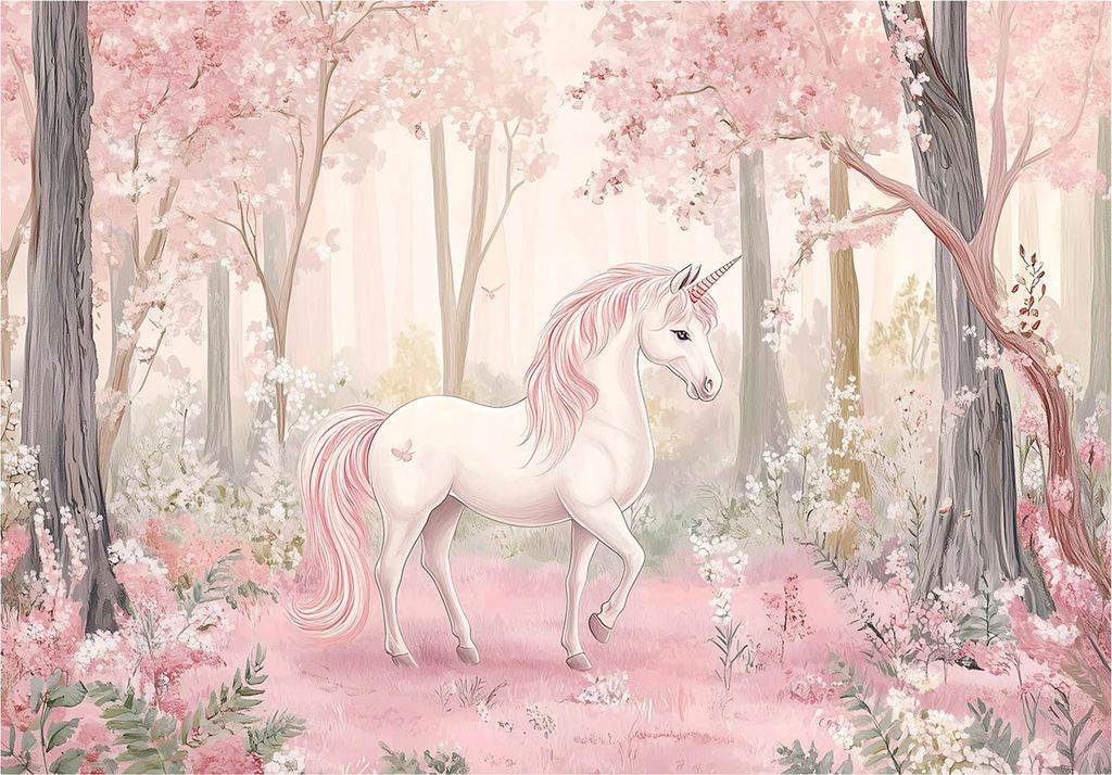 Fototapete Kinderzimmer Mädchen Einhorn Wald - 400x280 cm - Produktbild 