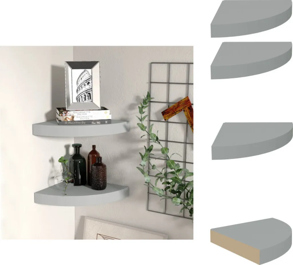 vidaXL Mensole galleggianti ad angolo 2 pz. MDF grigio 25x25x3,8 cm - Mensole a muro