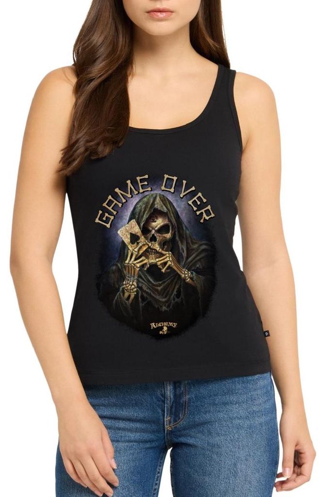 Spreadshirt Alchemy England Sensenmann Game Over Tod Frauen Premium Tank Top, XL, Schwarz