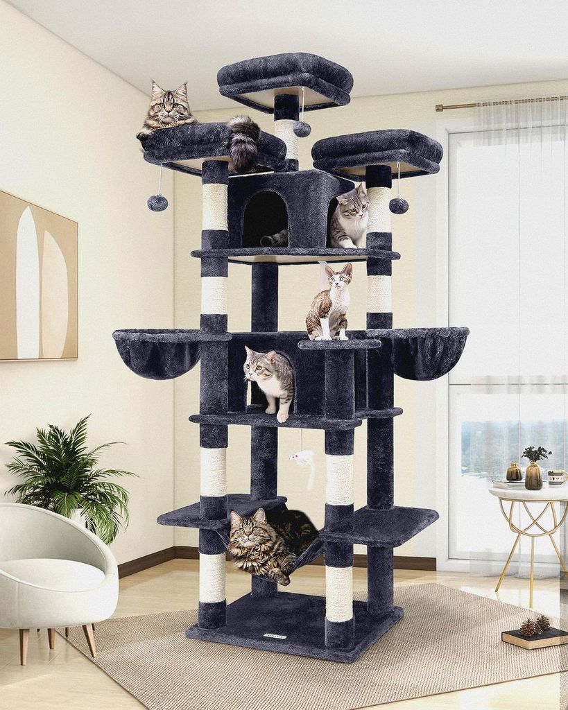 Kratzbaum Große hoch 204 cm mit 3 Gepolsterte Sitzstangen, 2 Höhle, 2 Korb, Hängematte, Luxus Katzenbaum Stabil für 3-5 Erwachsene Katze Ausruh...
