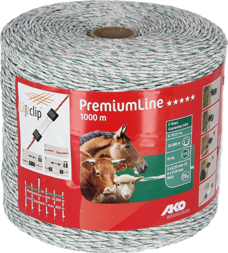 Weidezaunlitze PremiumLine weiß/grün 0,10 Ohm/m, 1000 m