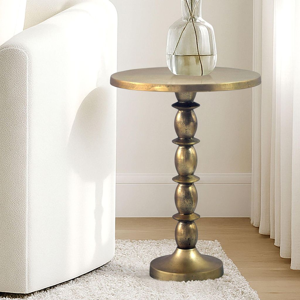 WOHNLING Beistelltisch Gold 40cm Aluminium Tisch Rund Anstelltisch Raw Finish Wohnzimmertisch Dekotisch Metalltisch Orientalisch Sofatisch Handmade