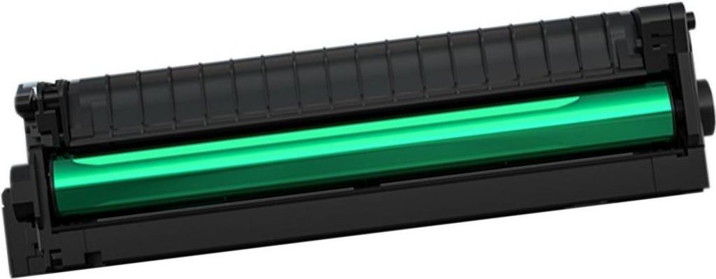 A black and green toner cartridge is shown against a white background.