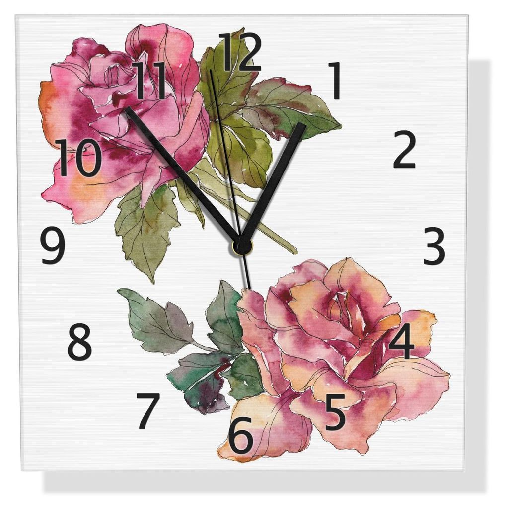 Wallario Design Wanduhr Rosen im Aquarellstil aus Aluverbund, Größe 30 x 30 cm
