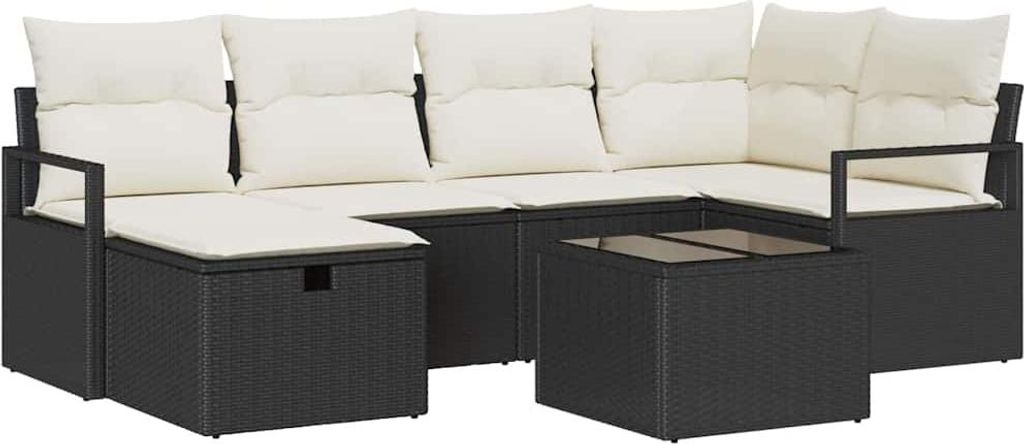 vidaXL Sofa Set mit Kissen 7 pcs Schwarz und Creme Poly-Rattan