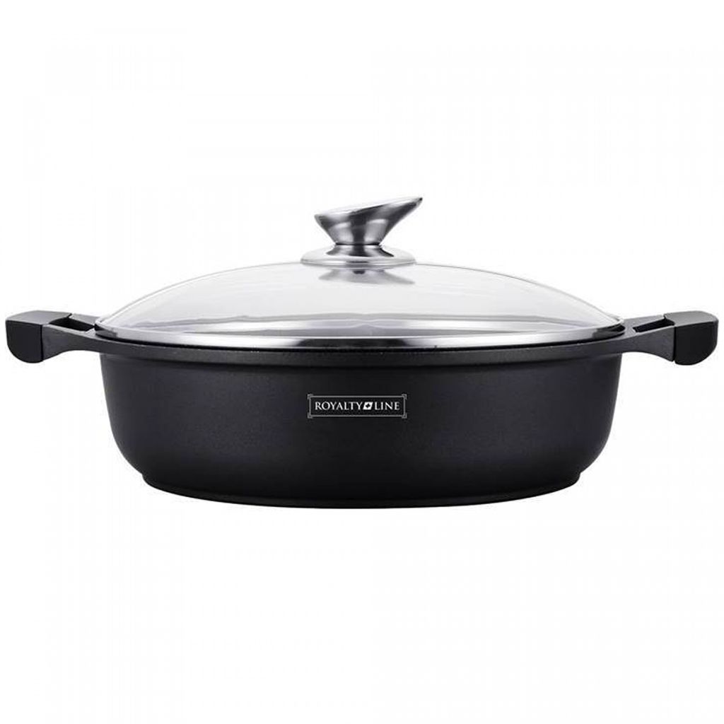A black soup pot with a glass lid and silver handles, shown from the front on a white background.