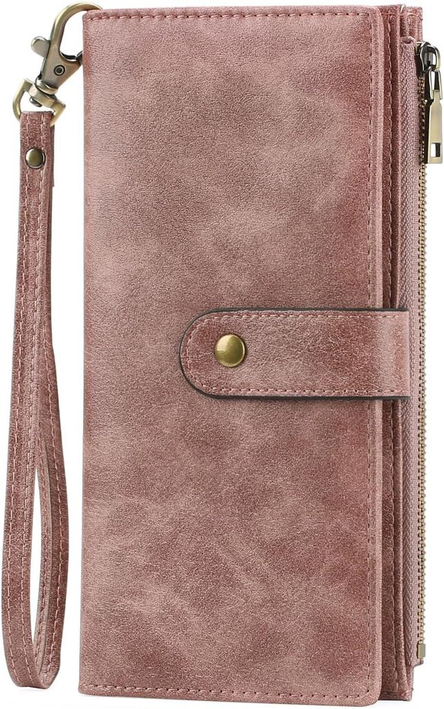 Große Damen-Geldbörse Langformat Leder mit RFID Schutz, 16 Kartenfächer, Reißverschlussfach, Handschlaufe, Vintage Portemonnaie für Frauen