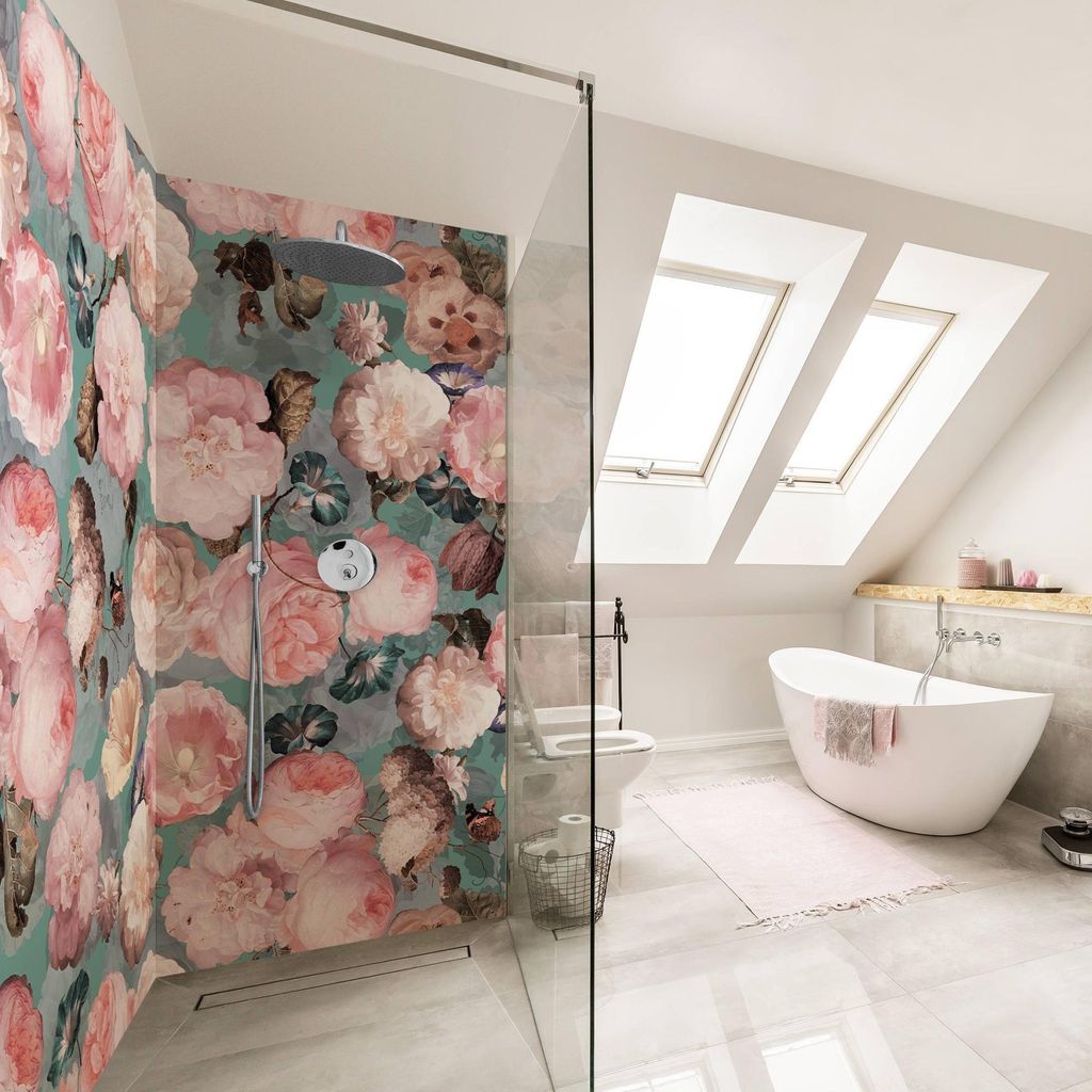 Duschrückwand Muster selbstklebend - 0.35 mm Wandpaneel wasserfest Rose blau Badrückwand fugenlos Smart matt 90x190 cm